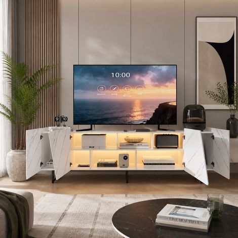 Meuble TV multifonctionnel 220×35×68cm,4 portes et 6 compartiments de rangement,armoire TV,grande capacité,éclairage LED,banc TV à motif marbre,style moderne,pour salon et chambre,Bois,Blanc (1/5)