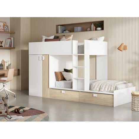 Lits Superposés 2 x 90 x 190 cm - Armoire intégrée - Blanc et naturel + matelas - JUANITO