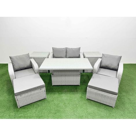 Fimous Light Grey PE Wicker Rattan Garden Furniture Set Sofa Set Reclining Chair Adjustable Lifting Dining or Coffee Table 6 Seater 2 Big Stools 2 Side Table (1/5)
