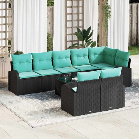 Salon de jardin modulable 9 pièces en polyrotin noir et turquoise avec table, 75kg - PANGIVO (1/5)