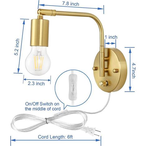 E27 Wandleuchte mit Schalter und Stecker, verstellbar, Gold und Metall, Nachttischlampe mit Kabel, Retro Industrielle Innenlampe für Wohnzimmer, Schlafzimmer, Büro, 1er Pack [Energieklasse A] (1/3)