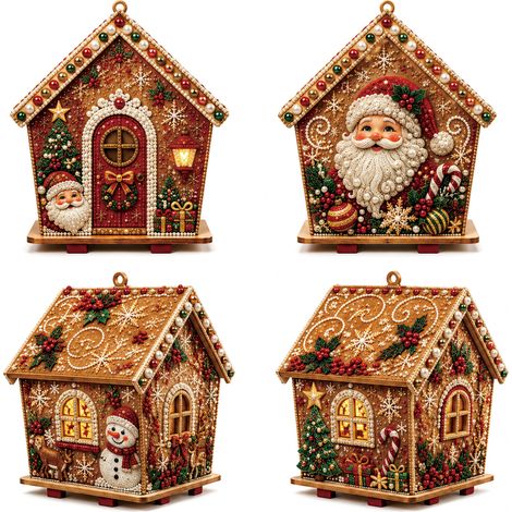 Ensemble de quatre pièces DIY Pearl Art pour Noël : Petites décorations exquises, au design unique et variées, comprenant une maison du Père Noël. (1/5)