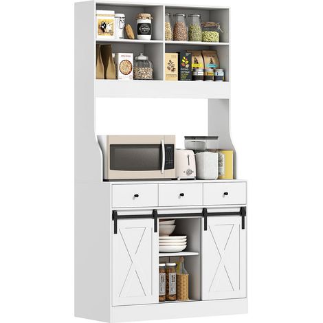 Pour Cuisine et Séjour Meuble Buffet de Rangement avec Grand Plan de Travail et 6 Niches Style Maison de Campagne Bois Blanc (1/5)