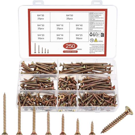 250 Vis à Bois Autotaraudeuses M4 - Tête Plate Croisée, Autoperceuses, Assortiment Pour Cloisons Sèches Multi-usages - M4x (16/25/30/35/40/50 mm) (1/5)