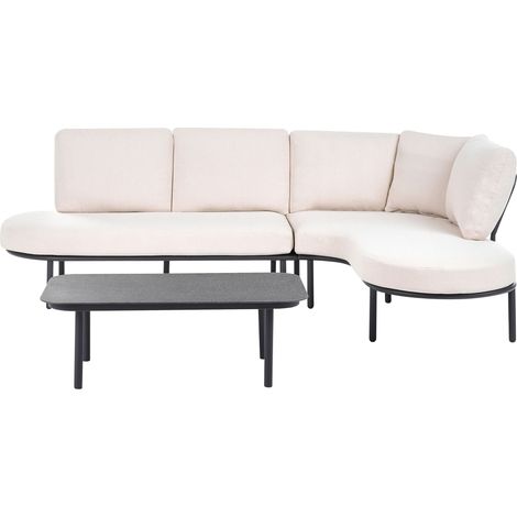 Outdoor Sofa with Coffee Table Black Aluminium with Light Beige Cushions 4 Seater Oval Shape Tabletop Modern Style Garden Patio Terrace POLLINA (1/5)