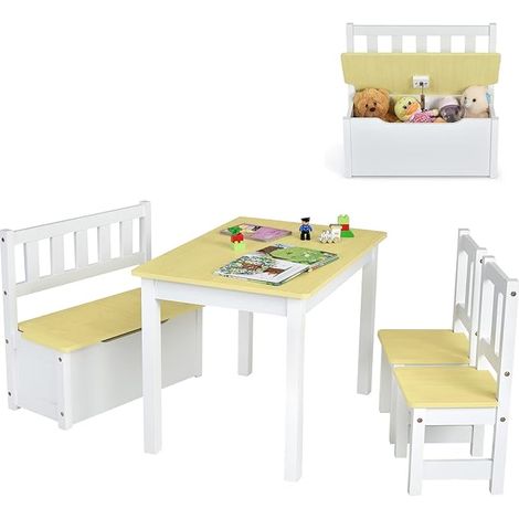 COSTWAY Set 4 Pezzi Tavolo e Sedie per Bambini, 2 in 1 Tavolino Attività di Legno per Bambini con 2 Sedie e 1 Panca, Per Bambini per Giocare Disegnare Leggere e Mangiare (Naturale) (1/5)