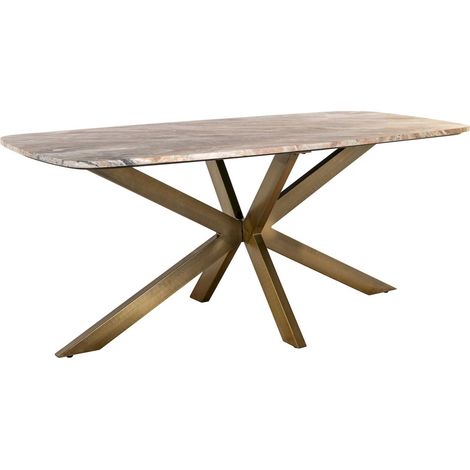 Table à manger ovale élégante en marbre et piètement doré - Marbre beige veiné et doré (1/5)