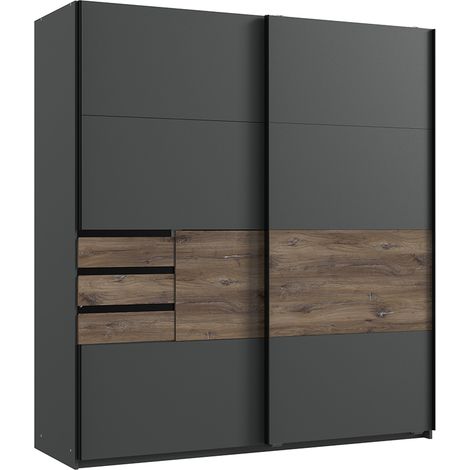 Schlafzimmer Schwebetürenschrank mit 3 Schubkästen in graphit mit Flagstaff Eiche Nb. BREGENZ-43, B/H/T ca. 180/198/65 cm (1/4)