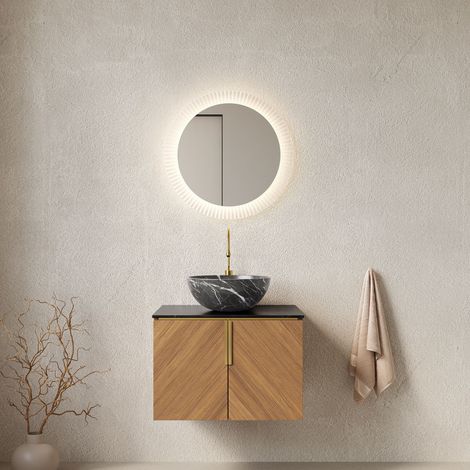 61cm Wandhalterung Badezimmer-Waschtisch mit schwarzer Schüssel Keramikbecken mit Steinmuster, Arbeitsplatte aus schwarzem Sinterstein, Sperrholzschrank mit 2 Türen, Espresso Holzmaserung Farbe