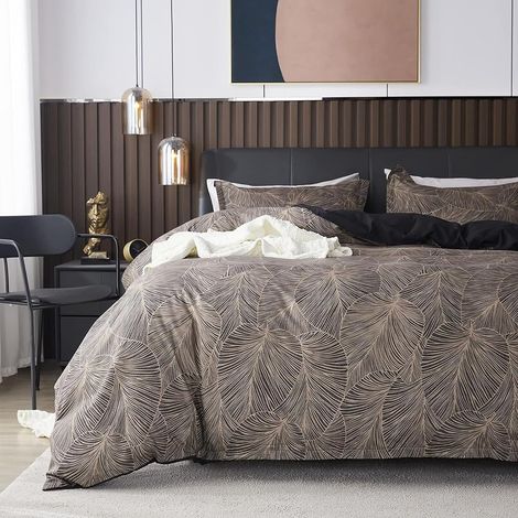 Housse de Couette 220x240 Motif Feuilles Tropicales Marron Parure de Lit Réversible en Microfibre avec Fermeture Éclair - Linge de Lit 2 Personnes Adulte avec 2 Taies d'oreiller 65x65 cm (1/5)
