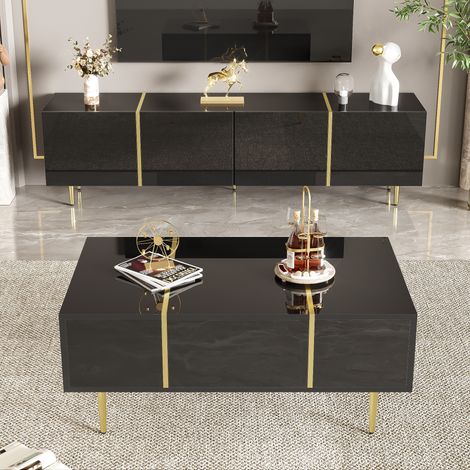 Ensemble Meubles de Salon Haute Brillance - Meuble TV 4 Portes Soft-Close et Table Basse avec 2 Tiroirs, Finition Laquée et Lignes Dorées pour Séjour - Style Moderne - Noir (1/5)