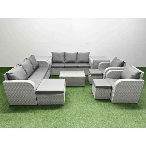 Fimous PE Rattan High Back Lounge Sofa Set Patio Coffee Table & Chairs Set with 3 Seater Sofa Reclining Chair 3 Stools 2 Side Table Light Grey (1/4)