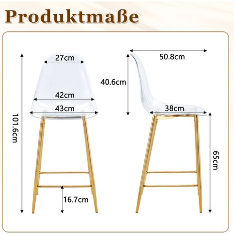 Lot de 2 tabourets hauts transparents, piètement métal argent/or/noir, chaises design contemporain pour cuisine, comptoir ou espace repas (sans table, sièges seuls) (1/5)