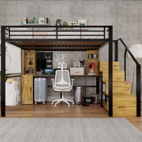 Hochbett aus Metall 140 x 200 cm schwarz mit Schreibtisch, Staufächern, Schrank und USB-Anschluss (1/5)