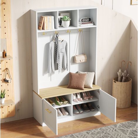 Perchero de entrada en MDF y tablero de particulas, natural y blanco, con banco y almacenaje, 105 x 40 x 180 cm (1/5)