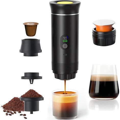 Machine à Cafe Portable,3 En 1 Cafetière à Expresso Chauffage Électrique,Rechargeable,Pour Camping et Voiture,Chauffage Rapide,compatible avec Capsules K-Cup et café moulu,Pour voyage (1/5)