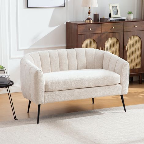 Canapé lounge miniature en chenille (canapé d’appoint), canapé 2 places moderne au fini brillant avec pieds en métal et capitonnage côtelé, pour salon, chambre, bureau, petits espaces, Beige