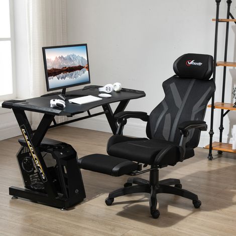 Vinsetto Gaming-Stuhl mit ausziehbarer Fußstütze, drehbarer Bürostuhl mit verstellbarer Rückenlehne, Kopfstütze und Höhenverstellung, 65 x 65 x 119–129 cm, Schwarz