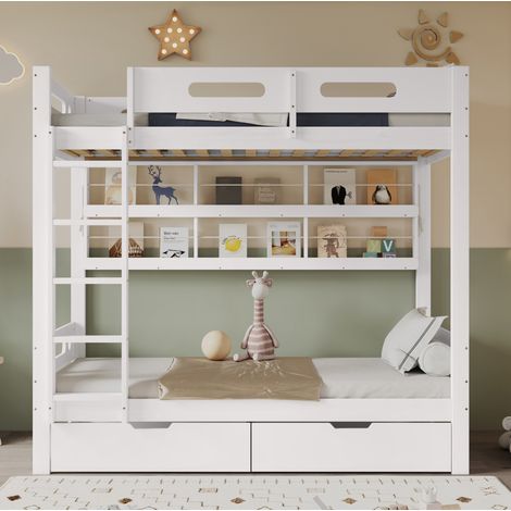 Letto a castello per bambini 90x200 cm con scala a 5 gradini, cassetti, ripiani, pino e MDF, bianco (1/5)