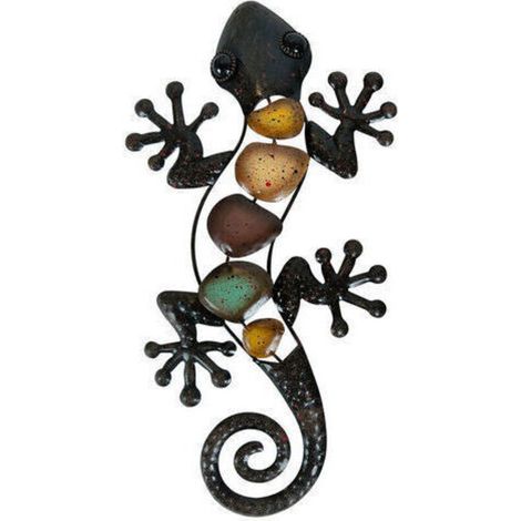 Metallene Gecko-Wanddekoration, hängende Eidechsen-Gartenskulptur, Außendekoration für Haus, Garten oder Zaun (links)