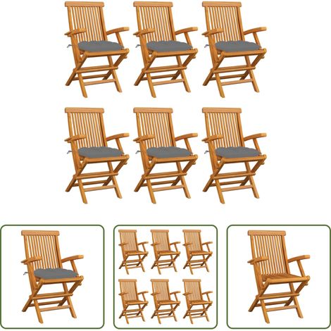 Teakholz - Gartenstühle mit Grauen Kissen 6 Stk. Massivholz Teak (1/5)