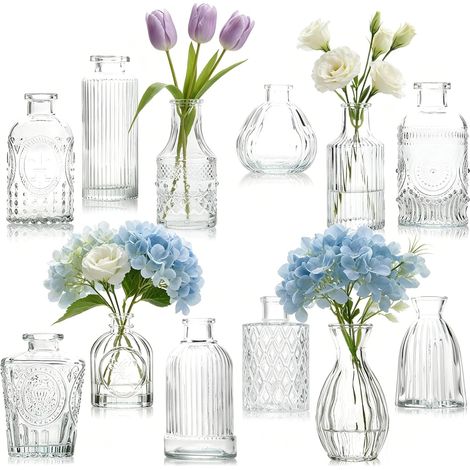 Lot de 12 Vases en Verre, Petit Vase en Verre Vintage Mini Vase Deko Set Différentes Tailles Vase de Fleurs pour Décorations de Mariage Transparent, Centre de Table (1/5)