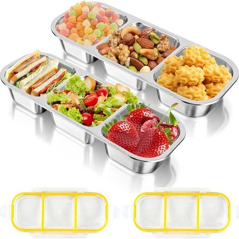 Portapranzo con scomparti, 2 pezzi, in acciaio inox, per bambini, senza BPA, ideale per la scuola e il lavoro, 3 scomparti, pratico e robusto (26,2 x 10,5 x 4 cm) (1/5)