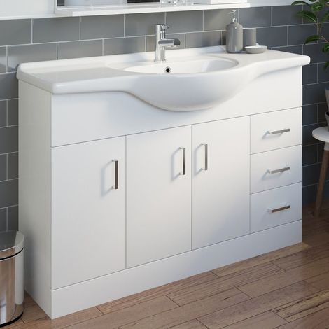 Gloss White Bathroom Vanity Unit and Basin Sink 1200mm with Misi Tap & Waste