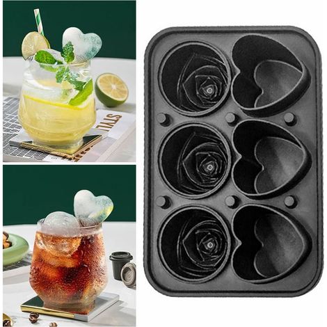 3D-Eiswürfelform in Rosen- und Herzform zur Herstellung von 6 riesigen Silikon-Eiswürfeln, die wie große Eiskugeln für Fruchtsäfte aussehen. (1/5)