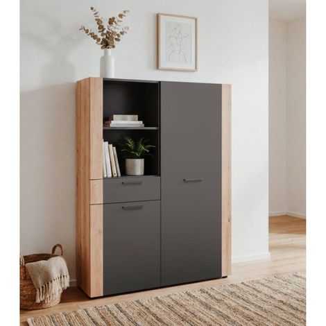 Buffet Haut CENTO - Gris Anthracite & Chêne Artisan - 2 portes, 2 niches et 1 tiroir - 100 x 34,5 x 150 cm (1/5)
