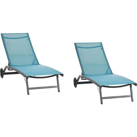 2er-Set sonnenliege Liegestuhl mit Rollen verstellbare Rückenlehne Gartenliege aus Polyester und Aluminium Blau 195 x 165 x 102 cm für Komfort im Freien