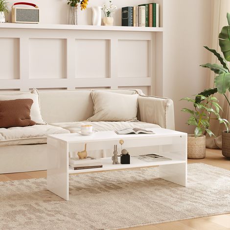 Mesa de Centro Mesa Auxiliar con Compartimento Abierto Mesa de Café 100x40x41,5 cm Blanco Brillante (1/5)