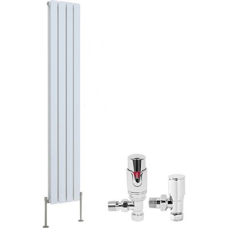 White Designer Flat Panel Radiator + Thermostatic TRV Radiator Valves Chrome Angled Vertical 1600x272mm Double
