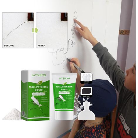 Wandreparaturpaste für Löcher, Risse und Nagellöcher in Wänden – Weiße Haushalts-Wandspachtelmasse (150 g) + Pinselkopf + Einweghandschuhe + Schleifpapier -- DE (1/5)