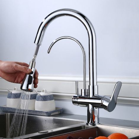 Robinet de cuisine 3-en-1 extractible – 360° rotatif, 2 modes (jet mousse - shower), eau filtrée, laiton chromé – Pour évier double