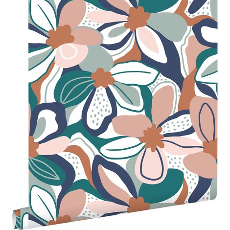 papier peint fleurs rose clair, terracotta et bleu - ESTAhome