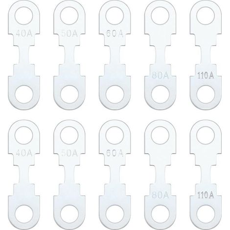 10pcs Bande de Fusible Plate Ton Argent en Alliage de Zinc Lame de Rechange Bande de Fusible DC 32V Compatible avec Opel Compatible avec VW (40A 50A 60A 80A 110A Chaque 2 Pièces)
