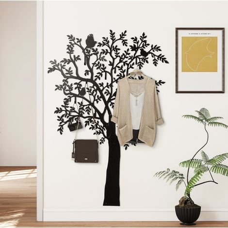 MEUBLIV Wandgarderobe Baum 120 × 175 cm schwarz Metall – 8 Haken mit Vögeln (1/5)