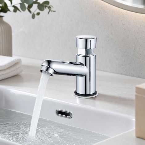 Robinet temporisé à poussoir eau froide en laiton chromé, modèle bas D, avec aérateur anti-éclaboussures pour lavabo public (1/5)