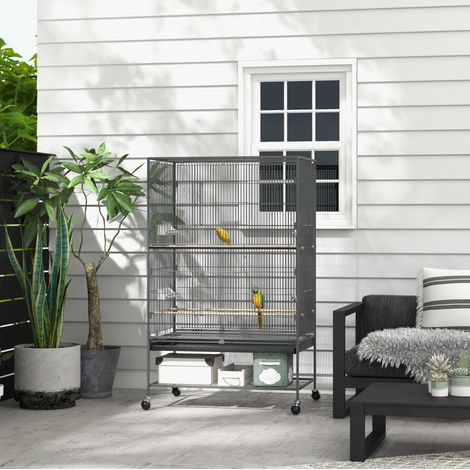 Voliera per uccelli 94x57x153 cm in metallo grigio moderna con ruote FloraGrace (1/5)