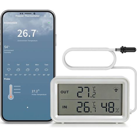 Thermomètre Hygromètre WiFi avec Sonde, Capteur Température et Humidité Intelligent, Surveillance à Distance avec Alerte App, Sans Fil pour Réfrigérateur, Congélateur, Aquarium, Terrarium (1/5)