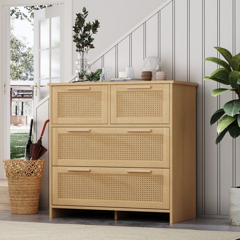 MEUBLIV Commode 4 tiroirs 80x38x80 cm coloris naturel – façades effet rotin (1/5)