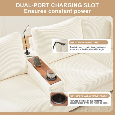 Canapé en tissu U avec 2 accoudoirs, lampe de lecture, étagère repliable, rangement pour les boissons et prises USB/Type-C. Des accoudoirs sur les deux côtés, équipés d’un éclairage LED décoratif. (1/5)