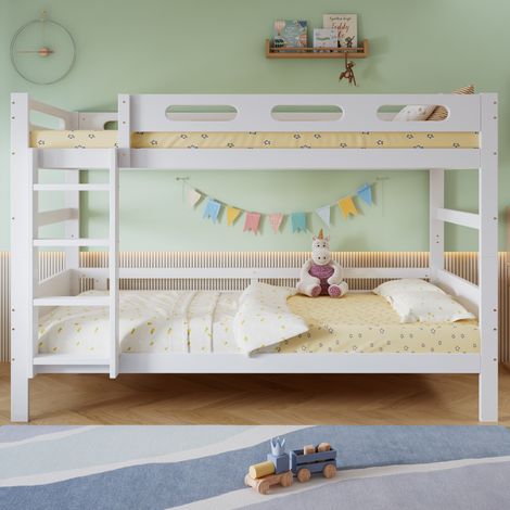 Lit superposé enfant 90x200 cm, Lit double gain de place pour chambre, Structure en bois de pin massif avec échelle et barrière de sécurité, Blanc (1/5)