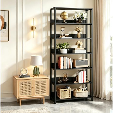 Étagère de rangement 6 niveaux en MDF noir et métal, bibliothèque ouverte industrielle polyvalente, meuble pour plantes ou salle de bain, 80 x 30 x 190 cm – CHICFURN (1/5)