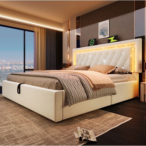 Lit coffre 180x200 cm beige en velours avec éclairage LED et ports USB (1/5)