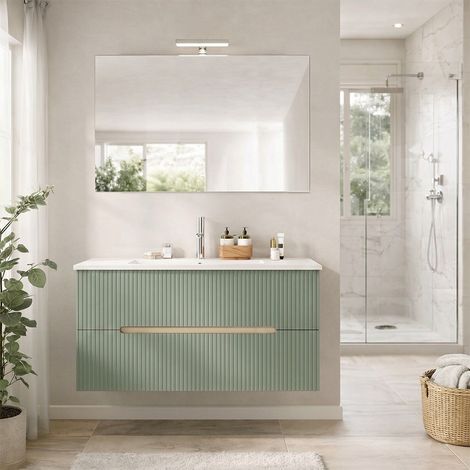 Mobile Bagno Sospeso 100Cm Rovere Ghiaccio E Verde Salvia  Magnolia