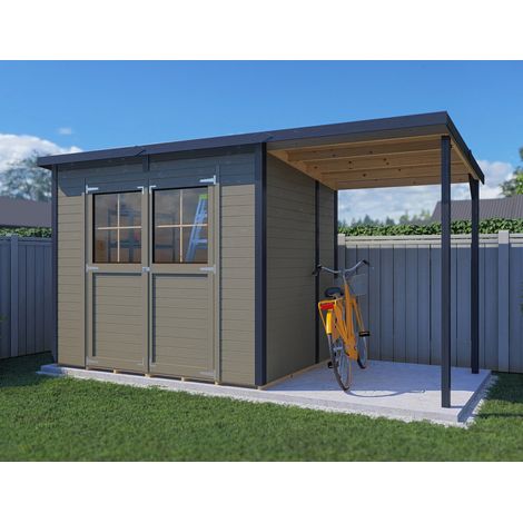 Abri de jardin bois Bertilo Simplo 6,93m² PLUS 12mm avec plancher et toit appentis gris beige RAL7006