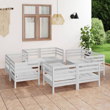 Salon de jardin 9 pcs blanc bois de pin massif (1/4)