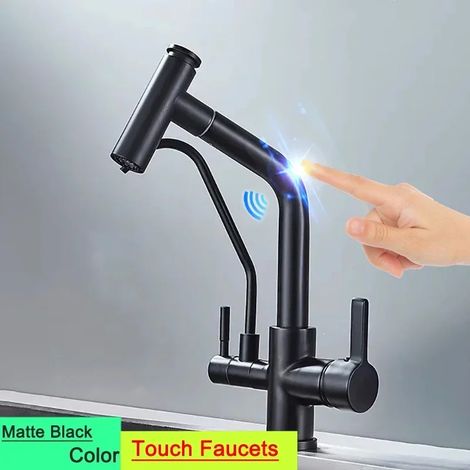 (9144-touch-black-G1/2) Nouveau robinet de cuisine tactile avec filtre, mitigeur thermostatique eau chaude/froide à douchette extractible et capteur d'eau pure. (1/5)
